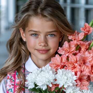 Charming Girl With Flowers and School Backpack