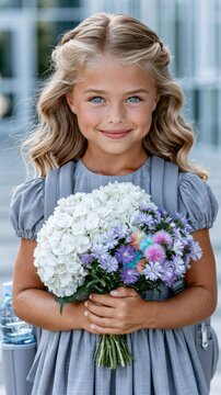 Girl With Flowers on School&rsquo;s First Day