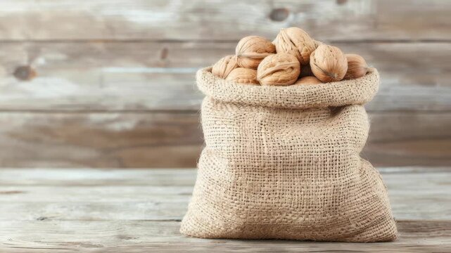 Burlap Sack of Walnuts: A rustic burlap sack overflows with whole walnuts, presented against a textured wooden backdrop, evoking a sense of natural abundance and wholesome goodness.