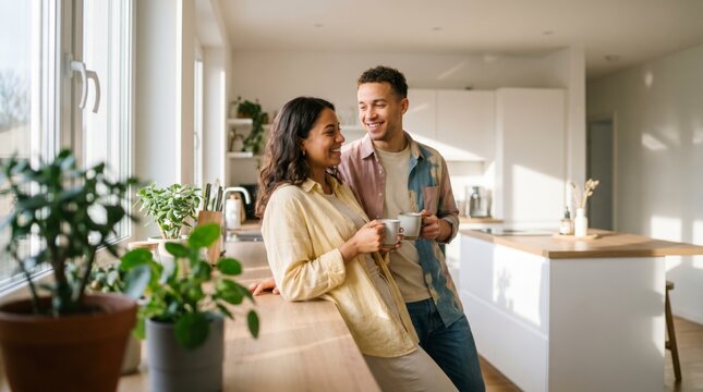 Affectionate young couple sharing coffee by window in bright modern home kitchen