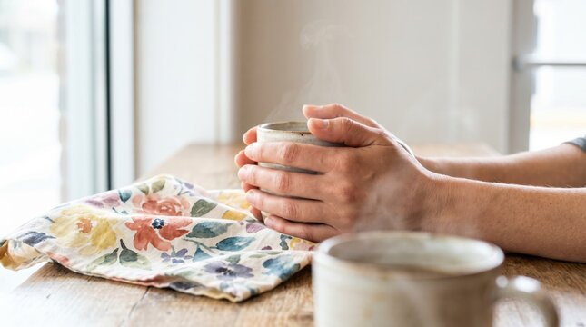 Close up of hands cradling steaming ceramic mug on floral cloth by bright window