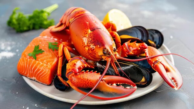 Seafood Feast Platter: A luxurious platter showcasing a vibrant lobster, succulent salmon fillet, and fresh mussels, garnished with lemon and parsley, promising an exquisite culinary experience.