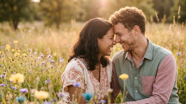 Romantic couple laughing together in wildflower meadow during warm summer golden hour