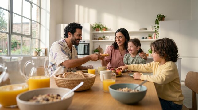 Happy family sharing breakfast together at sunlit table in bright modern kitchen