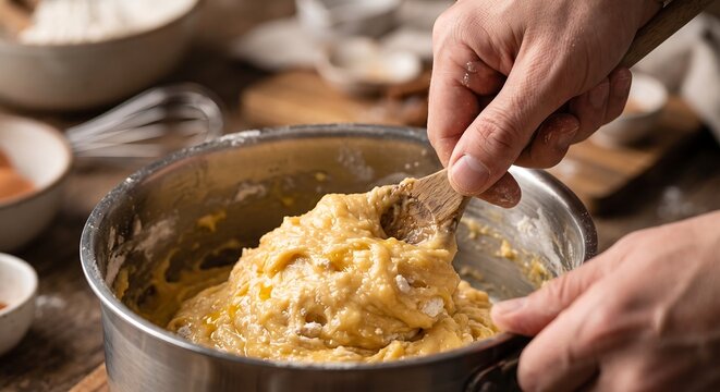 Baker mixing cake batter in metallic bowl with wooden spoon. Close up of man hands preparing dough for baking. Culinary kitchen activity featuring process of making homemade pastry food.