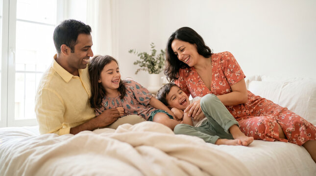 Joyful family playing and tickling together on bed in bright airy bedroom