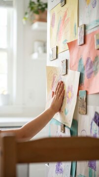 Child hand pressing crayon drawing onto colorful family memory wall at home
