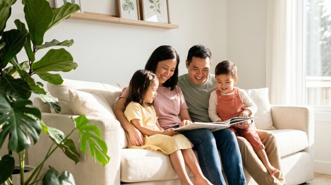 Happy asian family reading picture book together on sofa in bright plant filled home