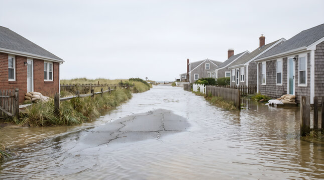 Realistic coastal flooding affecting residential shoreline during high tide. Ideal for climate change, sea level rise, insurance, sustainability, and ESG communication.