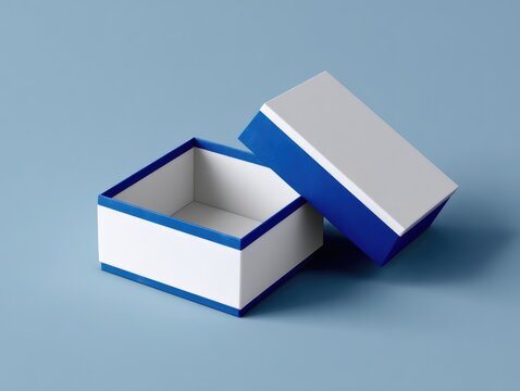 An open square box with a partially lifted lid, exhibiting white exterior and blue trim, set against a solid blue background