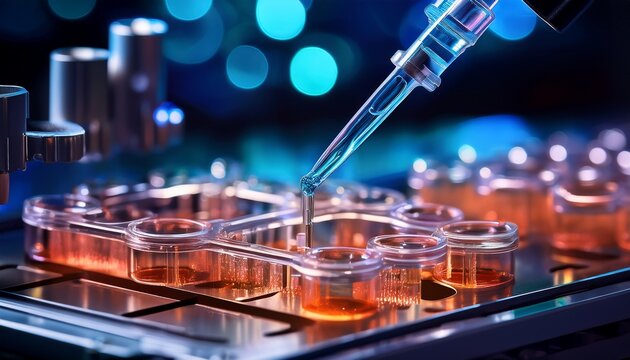 scientific pipette injecting liquid into a glowing microfluidic device for advanced medical research laboratory analysis