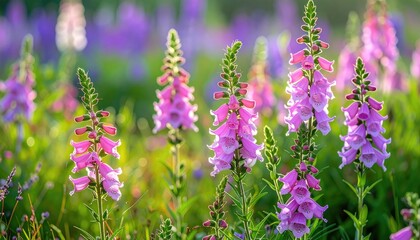 Obraz premium Close-up of foxglove flowers in various stages of bloom, with a vibrant and sunny background