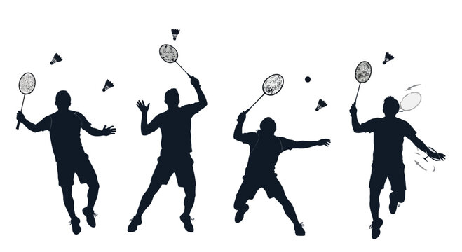 Badminton Players Silhouette Set: Dynamic Action Shots of Athletes Playing Badminton