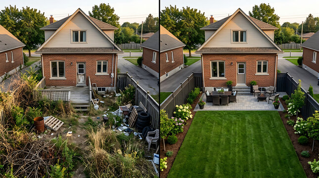 transformation of a backyard from cluttered and overgrown to a neat, landscaped outdoor space with a manicured lawn and garden