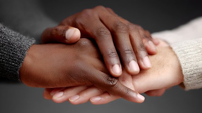 Diverse hands of different skin tones stacked in unity and support