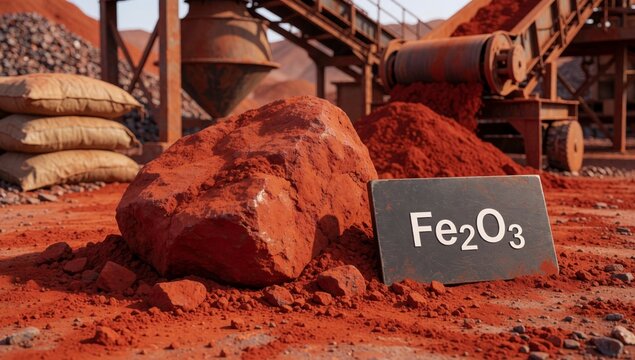 Large pile red powder which appears fe2o3 quarry scattered bags sandbags left side conveyor belt right backgro