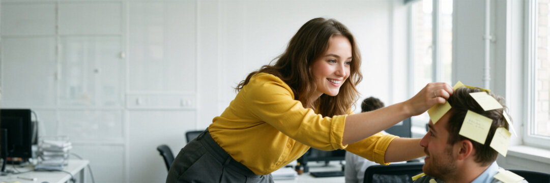 A cheerful woman playfully sticks a sticky note on her colleagues forehead in a bright, modern office with soft blurred background.