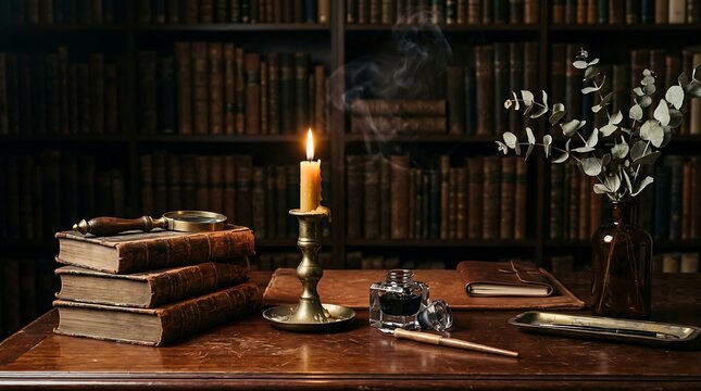 Cozy study workspace with candlelight. Dark academia mahogany desk setup