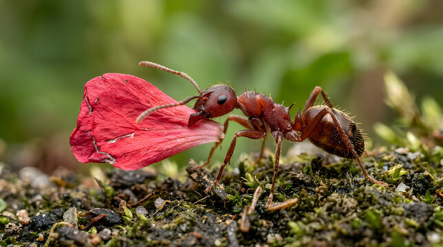Close-up red ant carrying a flower petal, extreme macro perspective, detailed texture, soft natural lighting, blurred green background, ultra realistic photography