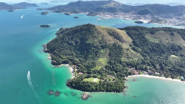 Angra dos Reis, Rio de Janeiro. Catagu&aacute;s Island. Aerial view, establishing shot.