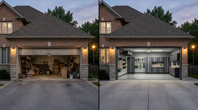 Transformation of a cluttered garage into a modern, spacious kitchen design showcasing interior renovation and remodeling skills