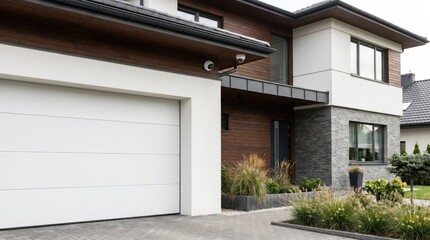 Fototapeta premium Modern residential home with clean lines, stone facade