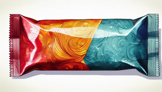 crumpled snack wrapper in colorful design on white background watercolor