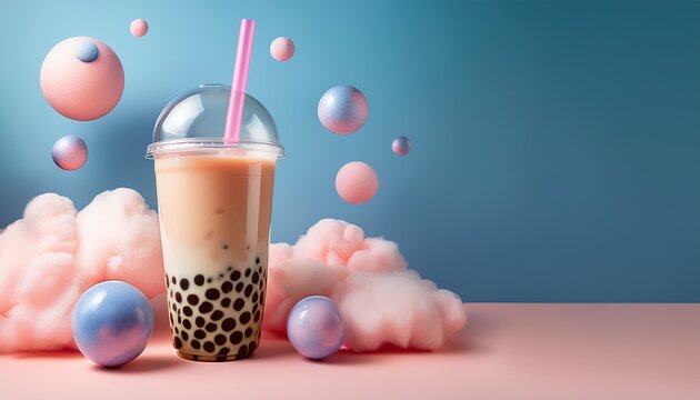 against a soft pastel backdrop bubble tea glass with pink straw is surrounded by stylized clouds spheres and small planet in whimsical dreamlike scene copy space