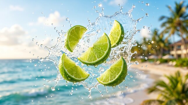 Fresh lime wedges splashing into water with tropical beach background