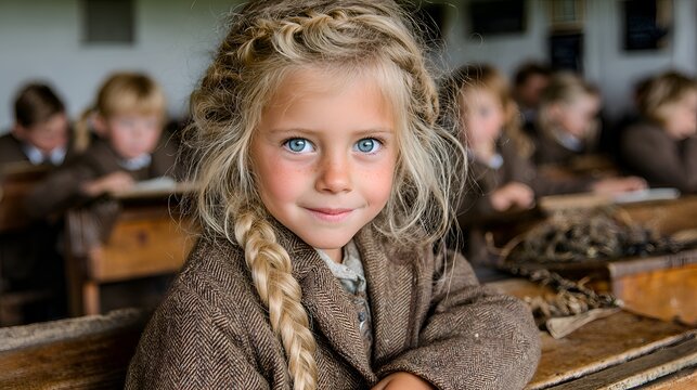 Smiling blonde girl with blue eyes and braided hair in an old-fashioned school classroom