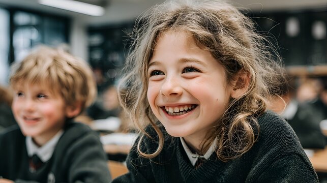Happy elementary school girl laughing in classroom with a blurred classmate in the background