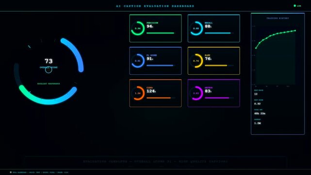 Modern analytics for an AI Generated Caption display across a futuristic dashboard showing performance metrics including precision and recall scores with vibrant neon data visualizations.