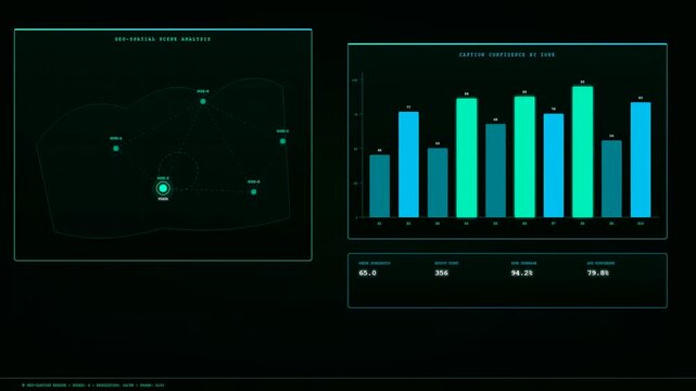 A sophisticated user interface featuring an AI Generated Caption displays complex geospatial data analytics and urban foot traffic monitoring across a dark digital dashboard environment