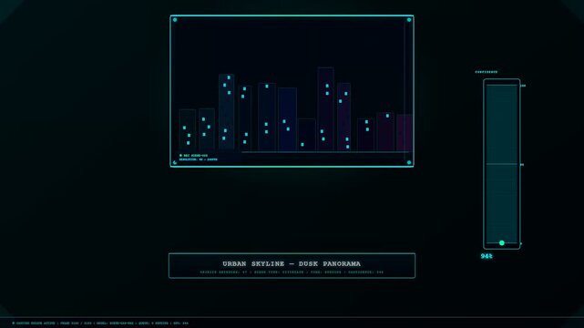 A sophisticated AI Generated Caption displays a futuristic digital interface scanning an urban skyline with glowing teal data visualizations and vertical sliders moving across dark screens.