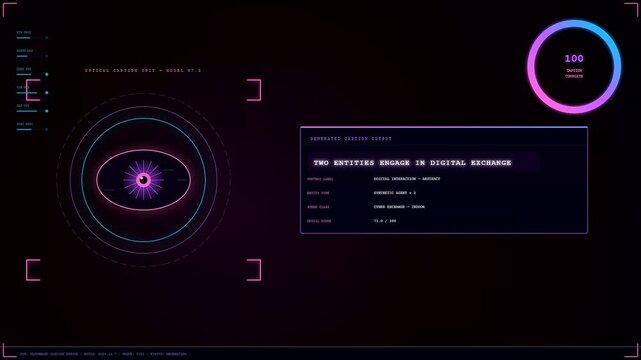 This futuristic user interface demonstrates an AI Generated Caption being processed in real time across a dark digital screen with neon magenta and cyan highlights.