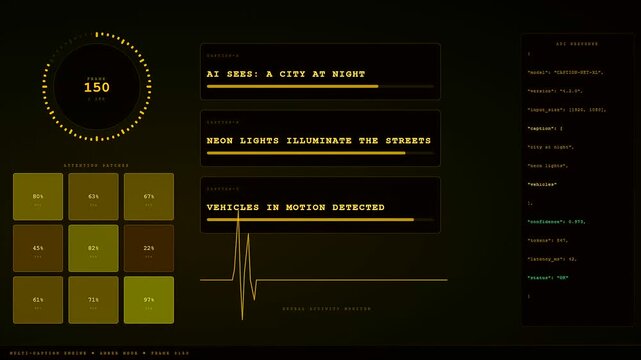This high tech digital dashboard displays an AI Generated Caption as data points flux and evolve across a dark futuristic neural network interface