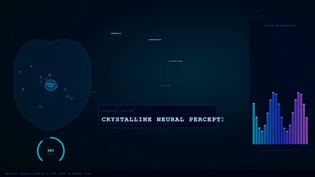 A futuristic interface showing an AI Generated Caption being processed through complex neural networks while blue data bars fluctuate and digital graphics glow with intelligence.
