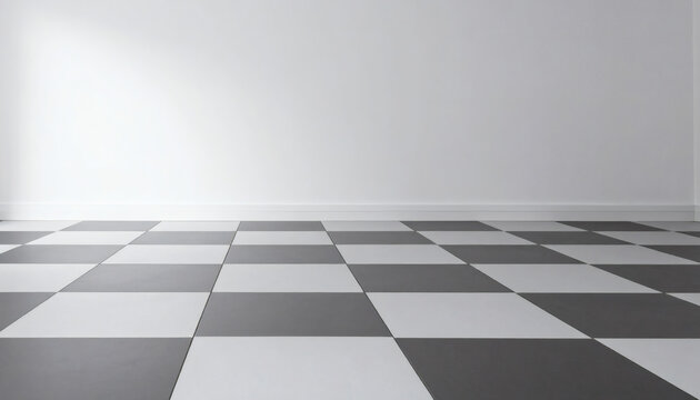 Empty room with checkered floor tiles and plain white walls featuring soft natural lighting for modern interior design background