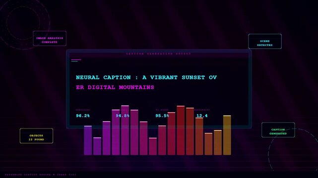A futuristic digital interface displays an AI Generated Caption as vibrant data bars pulse and HUD elements process complex information across a dark purple background