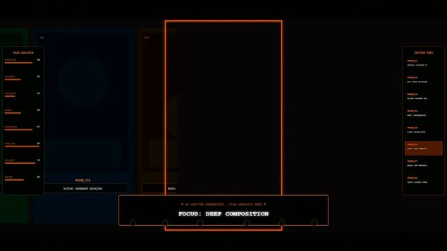 This futuristic user interface features an AI Generated Caption tool with glowing orange frames analyzing urban environments and deep composition through complex digital data streams