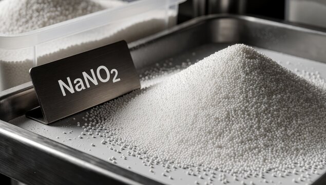 Stainless steel tray small amount white granules there black rectangular label word nano2 written letters appe