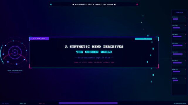A futuristic digital screen displays an AI Generated Caption about a synthetic mind perceiving an unseen world through advanced data streams and flickering neon interfaces.