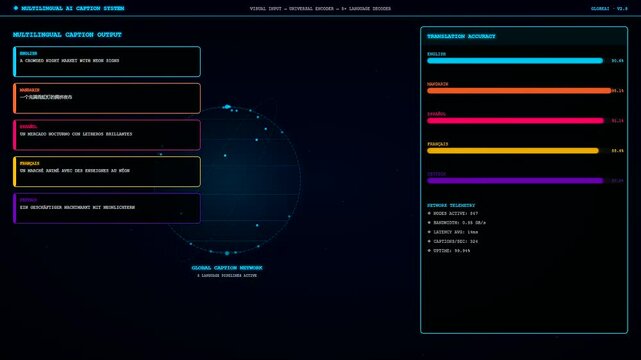 A dynamic digital interface displays an AI Generated Caption system processing multiple languages across a global network with rotating holographic elements and real time data metrics