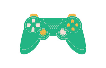 Flat retro gamepad patch in green with yellow buttons. Y2k style controller for gamer and video game console. 90s videogame accessory adds fun and electronic pop art mood. © Moonnoon