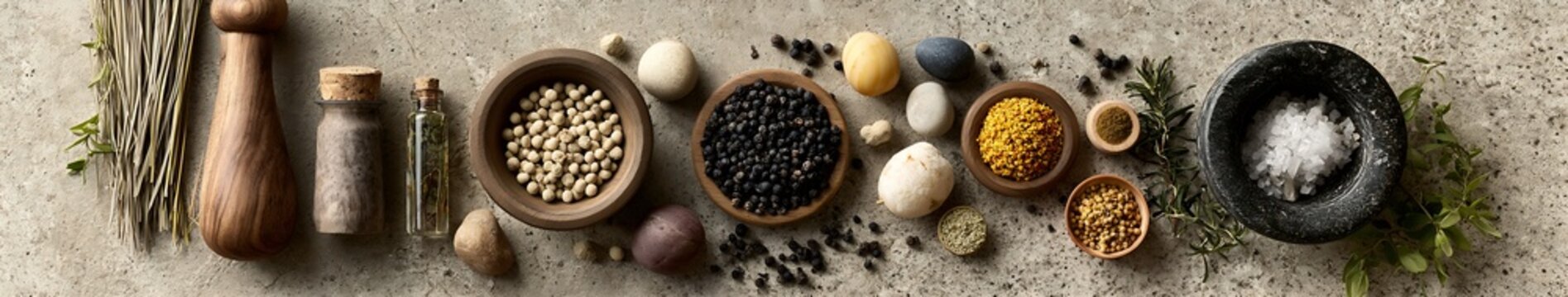 Natural Skincare Top view arrangement of natural spa and skincare ingredients on textured stone surface with sea salt, wooden bowls, herbs and mortar