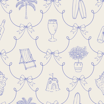 Hand drawn seamless pattern beach background with travel element line and whimsical tropical summer holiday. Mediterranean vacation pattern for design and print. Seamless background.