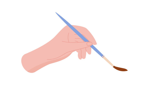 Simple flat hand with paintbrush art. Minimal doodle style hand and brush as main tool. Clean white backdrop for painter and artist craft, school class or studio education, creative icon for graphic