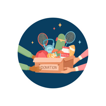 Circle sticker shows charity box. Sport equipment donation box with person hand and goods as gift for community. Flat icon suits kit label and charity pack, lid mark, donate support idea
