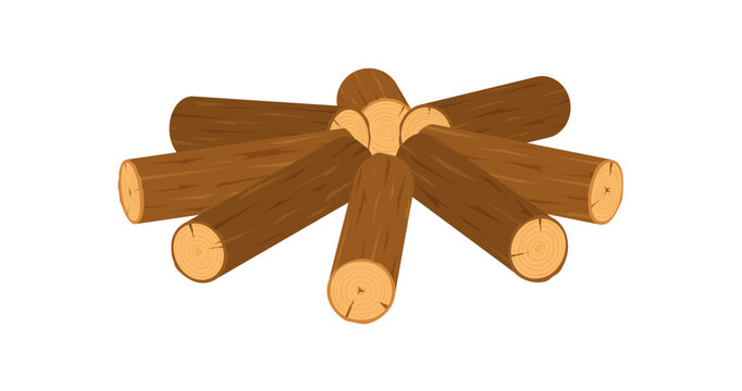 Flat cartoon pile of firewood sticker. Brown stack of wood log pieces as campfire base and simple bonfire fuel. Round tree trunk texture suits icon or sticker in clean vector style for nature camp