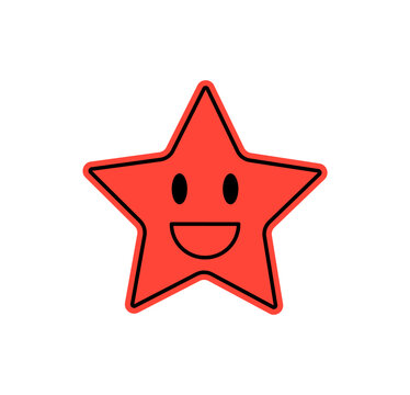 Cute retro happy star sticker badge in cartoon graphic style. Smiling red star emoji with big eyes and y2k graphic vibe. Playful badge, perfect for positive and fun cartoon sticker designs.